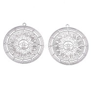 201 Stainless Steel Filigree Pendants, Etched Metal Embellishments, Flat Round with Sun, Stainless Steel Color, 32.5x30x0.3mm, Hole: 1.6mm(X-STAS-S118-026P)