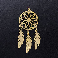 201 Stainless Steel Pendants, with Jump Rings, Woven Net/Web with Feather, Golden, 46x20x1mm, Hole: 3mm, Ring: 5x0.8mm(STAS-S105-JN352-2)