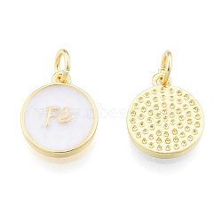 Brass Enamel Charms, with Jump Rings, Nickel Free, Real 18K Gold Plated, Flat Round with Word Fe, Creamy White, 13x11x1.5mm, Jump Ring: 5mm in diameter, 1mm thick, 3mm inner diameter(KK-N227-138)