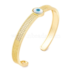 Brass Micro Pave Cubic Zirconia Open Cuff Bangles, Evil Eye Bangles for Women, Golden, Clear, Inner Diameter: 2-1/2 inch(6.3cm)(BJEW-S147-27B-G)