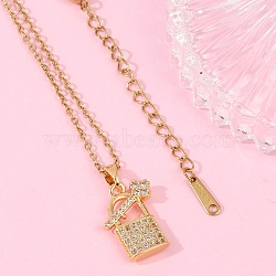 Lock & Key Brass Micro Pave Cubic Zirconia Pendant Neckalces, with Ion Plating(IP) 304 Stainless Steel Chain, Rack Plating, Real 18K Gold Plated, 15.94 inch(40.5cm)(NJEW-C076-16G)