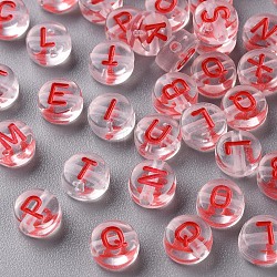 Transparent Clear Acrylic Beads, Horizontal Hole, Flat Round with Random Letter, FireBrick, 7x4mm, Hole: 1.6mm, about 3700pcs/500g(MACR-N008-44D)