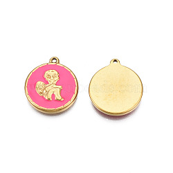 304 Stainless Steel Enamel Pendants, Real 18K Gold Plated, Flat Round with Angel, Hot Pink, 19.5x17x2.5mm, Hole: 1.4mm(STAS-N092-149B)