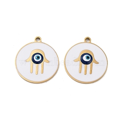 Ion Plating(IP) 316 Surgical Stainless Steel Pendants, Nickel Free, with Enamel, Real 18K Gold Plated, Flat Round Charm, Hamsa Hand, 20x18x2mm, Hole: 1.6mm(STAS-U014-58A-02)