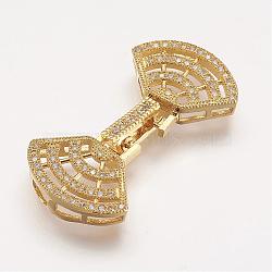Brass Micro Pave Cubic Zirconia Fold Over Clasps, Fan, Golden, 37x19x5mm, Hole: 2mm(ZIRC-F047-17G)