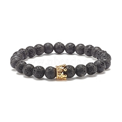 Natural Lava Rock Round Beaded Stretch Bracelet with Clear Cubic Zirconia Crown, Essential Oil Gemstone Jewelry for Women, Golden, Inner Diameter: 2-1/4 inch(5.8cm)(BJEW-JB07797-02)