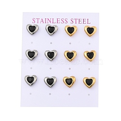 Ion Plating(IP) 304 Stainless Steel Heart Stud Earrings, with Micro Pave Cubic Zirconia, Golden & Stainless Steel Color, Black, 10x9mm(EJEW-C099-13PG-03)