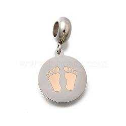 304 Stainless Steel European Dangle Charms, with Enamel, Large Hole Pendants, Flat Round with Baby Feet, Stainless Steel Color, Pink, 25mm, Hole: 4.5mm, Pendant: 16x14x1.3mm(OPDL-L013-40B)