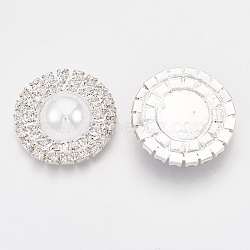 Brass Rhinestone Cabochons, with ABS Plastic Imitation Pearl, Flat Round, Silver Color Plated, White, 24~24.5x6mm(RB-T008-10S-09)