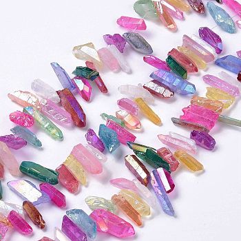 Electroplated Natural Quartz Crystal Beads Strands, Faceted, Nuggets, Colorful, 18~45x8~15x5~8mm, Hole: 1mm, about 48~50pcs/strand, 14.57''(37cm)