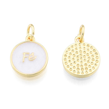 Brass Enamel Charms, with Jump Rings, Nickel Free, Real 18K Gold Plated, Flat Round with Word Fe, Creamy White, 13x11x1.5mm, Jump Ring: 5mm in diameter, 1mm thick, 3mm inner diameter