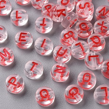 Transparent Clear Acrylic Beads, Horizontal Hole, Flat Round with Random Letter, FireBrick, 7x4mm, Hole: 1.6mm, about 3700pcs/500g