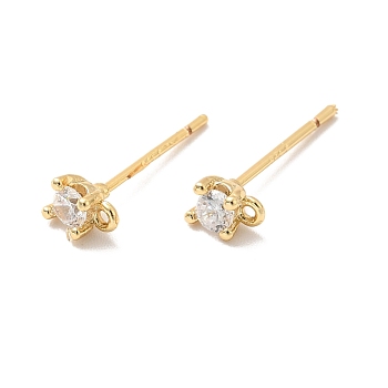 Brass Micro Pave Cubic Zirconia Stud Earring Findings, with Loop, Cadmium Free & Nickel Free & Lead Free, Flat Round, Real 18K Gold Plated, 5x3.5mm, Hole: 0.9mm, Pin: 0.7mm