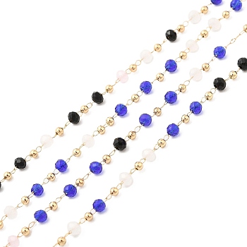 Faceted Rondelle Glass & Round 304 Stainless Steel Beaded Chains, with Light Gold 316 Surgical Stainless Steel Findings, Soldered, Blue, 3x2.5mm, 4x2.5x0.5mm