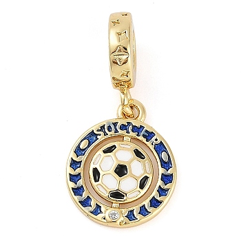 Rack Plating Brass Micro Pave Cubic Zirconia European Dangle Charms, Enamel Football Large Hole Pendants, Real 18K Gold Plated, Long-Lasting Plated, Cadmium Free & Lead Free, Blue, 24mm, Hole: 4.5mm