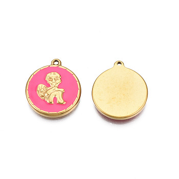 304 Stainless Steel Enamel Pendants, Real 18K Gold Plated, Flat Round with Angel, Hot Pink, 19.5x17x2.5mm, Hole: 1.4mm