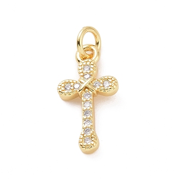 Brass Micro Pave Cubic Zirconia Pendants, with Jump Ring, Religion Cross Charm, Golden, 15.5x8x2mm, Hole: 2.8mm