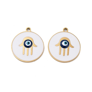 Ion Plating(IP) 316 Surgical Stainless Steel Pendants, Nickel Free, with Enamel, Real 18K Gold Plated, Flat Round Charm, Hamsa Hand, 20x18x2mm, Hole: 1.6mm