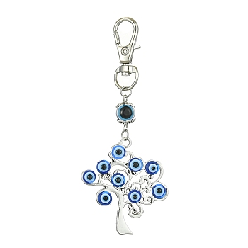 Alloy with Resin Evil Eye Pendant Decoration, with Alloy Swivel Lobster Claw Clasps, Tree of Life, 91mm