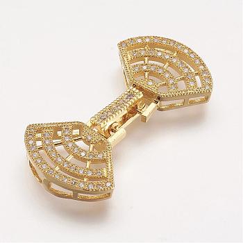 Brass Micro Pave Cubic Zirconia Fold Over Clasps, Fan, Golden, 37x19x5mm, Hole: 2mm