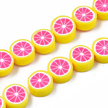 Handmade Polymer Clay Bead Strands, Lemon Slice, Hot Pink, 8~10x3.5~4.5mm, Hole: 1.6mm, about 38~40pcs/strand, 13.98 inch~15.55 inch(35.5~38cm)