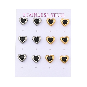 Ion Plating(IP) 304 Stainless Steel Heart Stud Earrings, with Micro Pave Cubic Zirconia, Golden & Stainless Steel Color, Black, 10x9mm