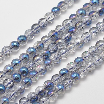 Electroplate Synthetic Crackle Quartz Bead Strands, Round Half Rainbow Plated, Royal Blue, 8mm, Hole: 1mm, about 50pcs/strand, 15.7 inch