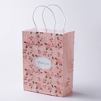kraft Paper Bags, with Handles, Gift Bags, Shopping Bags, Rectangle, Flower Pattern, Pink, 27x21x10cm