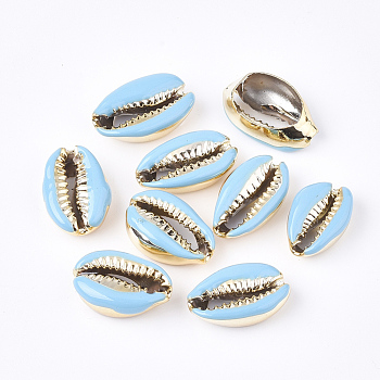 Electroplated Cowrie Shell Beads, with Enamel, No Hole/Undrilled, Golden, Light Sky Blue, 18~20x12~14x6~7.5mm