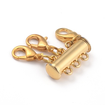 Alloy Magnetic Slide Lock Clasps, Necklace Layering Clasps, with Lobster Claw Clasps, 3-Strand, 6-Hole, Tube, Golden, 25x20mm, Hole: 1.5mm