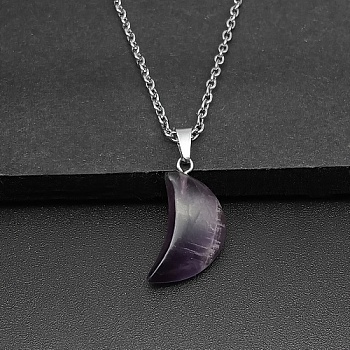 Moon Natural Amethyst Pendant Necklaces, with Platinum Alloy Cable Chains, 19.69 inch(50cm)