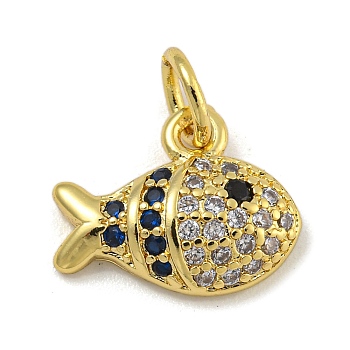 Rack Plating Brass Micro Pave Cubic Zirconia Charms, Long-Lasting Plated, Cadmium Free & Lead Free, Real 18K Gold Plated, Whale, 9.8x12x3mm, Hole: 3.5mm