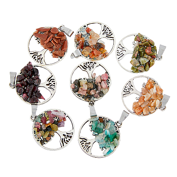 4 Sets 8 Styles Natural & Synthetic Mixed Stone Chip Pendants, with Platinum Tone Alloy Findings, Flat Round with Life of Tree Charm, 29x25x4~6mm, Hole: 4x7mm, 1pc/style, 8pcs/set