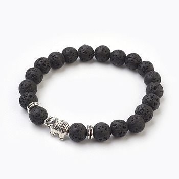 Natural Lava Rock Beads Stretch Bracelets, with Alloy Findings, Elephant, Burlap Packing, Antique Silver, 2-1/8 inch(5.3cm), Bag: 12x8.5x3cm
