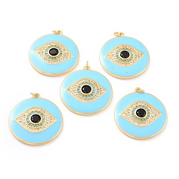 Real 18K Gold Plated Brass Micro Pave Cubic Zirconia Pendants, with Jump Ring and Enamel, Long-Lasting Plated, Flat Round with 
Evil Eye, Light Blue, 33x30x4mm, Jump Ring: 5x1mm, 3mm Inner Diameter