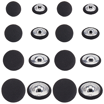 100Pcs 4 Styles 1-Hole Cloth Buttons, with Aluminum Findings, Flat Round, Black, 12.5~20x7.5~8mm, Hole: 2~3mm, 25pcs/style