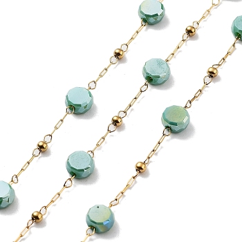 304 Stainless Steel Handmade Beaded Chain, with Electroplated Glass, with Spool, Soldered, Real 18K Gold Plated, Flat Round, Dark Cyan, 5.5x5.5x3.5mm, about 16.40 Feet(5m)/Roll