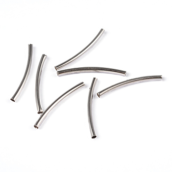 Brass Curved Tube Beads, Silver Color Plated, about 2mm wide, 25mm long, Hole: 1mm