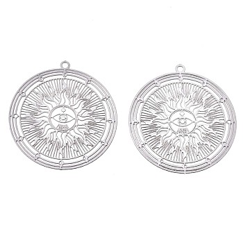201 Stainless Steel Filigree Pendants, Etched Metal Embellishments, Flat Round with Sun, Stainless Steel Color, 32.5x30x0.3mm, Hole: 1.6mm