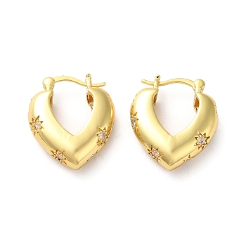 Clear Cubic Zirconia Heart with Star Hoop Earrings, Brass Jewelry for Women, Golden, 23x20x7mm, Pin: 0.8~1.1mm