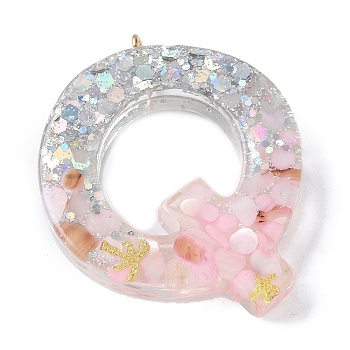 Resin Pendants, with Shell & Paillette & Gloden Alloy Loop, Letter A~B, Letter Q, 42~44x11.5~57x7.5~8.5mm, Hole: 2mm