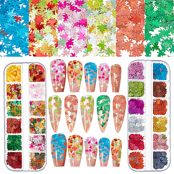 2 Boxs 2 Styles Laser Shining Nail Art Glitter, Manicure Sequins, DIY Sparkly Paillette Tips Nail, Packing Box, Maple Leaf, Mixed Color, 6x6x0.1mm, 1 box/style