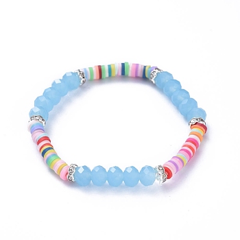 Kids Stretch Bracelets, with Polymer Clay Heishi Beads, Faceted Glass Beads and Brass Rhinestone Beads, Light Sky Blue, Inner Diameter: 1-7/8 inch(4.7cm)