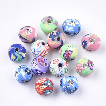 Handmade Polymer Clay Beads, with Rhinestone, Round, Mixed Color, 9~10x8mm, Hole: 1.2~1.8mm