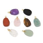 Natural Quartz Crystal & Tiger Eye & Amethyst & Amazonite & Obsidian & Green Aventurine & Red Jasper & Rose Quartz Pendants, Oval Shape Charms with Golden Tone Brass Bails, 19~20.5x12~12.3x3~3.5mm, Hole: 1.5mm(G-K385-19G)