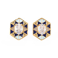 Brass Micro Pave Clear Cubic Zirconia Stud Earrings, with Enamel and Ear Nuts, Hexagon, Cadmium Free & Nickel Free & Lead Free, Real 16K Gold Plated, Light Blue, 15x12mm, Pin: 0.8mm(EJEW-S210-016D-NR)