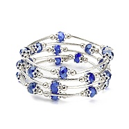 Fashion Wrap Bracelets, with Rondelle Glass Beads, Tibetan Style Bead Caps, Brass Tube Beads and Steel Memory Wire, Blue, Inner Diameter: 55mm(BJEW-JB00628-09)