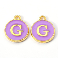 Golden Plated Alloy Enamel Charms, Enamelled Sequins, Flat Round with Letter, Medium Purple, Letter.G, 14x12x2mm, Hole: 1.5mm(ENAM-S118-10G)