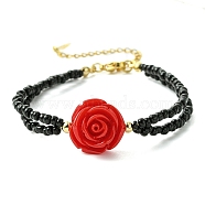 Glass Seed Beads Multi-strand Bracelets, Red Resin Rose Flower Bracelets, Black, 7-1/4 inch(18.5cm)(BJEW-MZ00104-04)