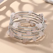 Gemstone Chip Warp Bracelets, Steel Bracelet Memory Wire with Brass Tube Beads and Iron Round Beads, Platinum, Rose Quartz, 53mm(X-BJEW-JB01517-01)